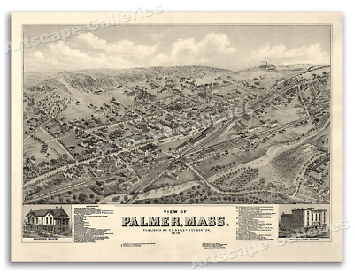 1879 Palmer Massachusetts Vintage Old Panoramic City Map - 24x32