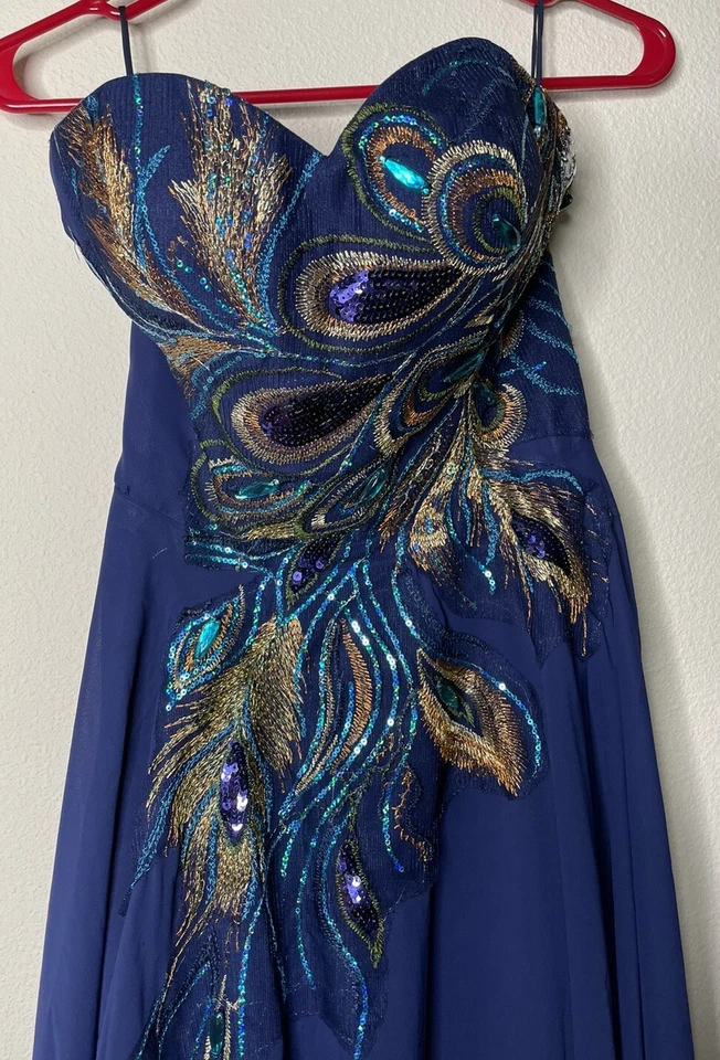 NWT Grace Karin Blue Peacock Beaded Strapless Corset Dress Gown Size 4 - Image 2 of 4