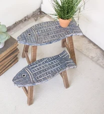 Nautical Wooden Fish Stool Set Risers Plant Stand Coastal Beach ~ Set Of 2