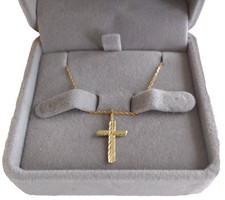 14K Real Solid Yellow Gold Dainty Cross Diamond Cut Pendant Necklace 16 inches