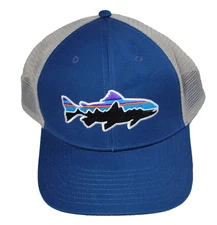Patagonia Fitz Roy Trout Trucker Hat Cap Blue Gray Adjustable Snapback Mesh