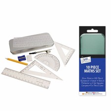 10 Piece Maths Set - Stencil Pencil Compass Ruler Square Geometry Protractor