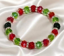 STRETCH BRACELET FESTIVE BEADS RED GREEN CRYSTAL RONDELLES SILVER-TONE SPACERS