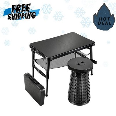 retractable folding camping table and stool set, portable lightweight adjustable