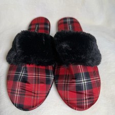 Victoria s Secret Red Tartan Plaid Slippers Faux Fur Trim Satin Slip On NWOB L