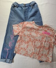 365 Kids Girls Tie Dye Crop Tee Love Jeans Set Size 7 Distressed Paperbag Denim
