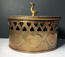 Vintage Solid Brass Box Incense Potpourri Bowl Container With Lid Round * Duck