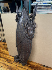 Vintage African Tribal Wood Warrior Shield Face Mask Carved Art Relief 48" Size