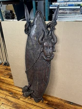 Vintage African Tribal Wood Warrior Shield Face Mask Carved Art Relief 48" Size