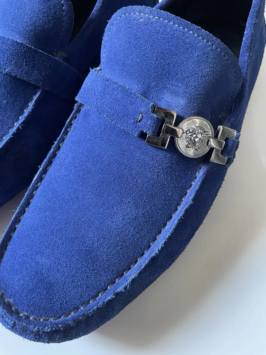 Mocasines para hombre Versace gamuza azul con hebilla, informales sin cordones punta almendra