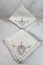 Set of 2 Vtg Napkins Handkerchiefs Embroidered Floral Boarder -see lite damage