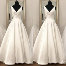 Simple Satin Wedding Dresses White V Neck Sle...