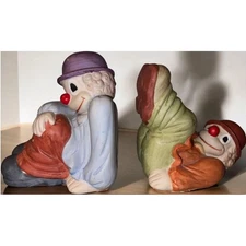 Vintage Tripar Ceramic Happy Clowns Bookends Colorful 6.5" Tall