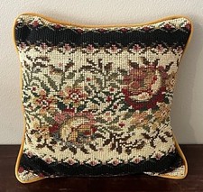 VTG Needlepoint Pillow Floral Roses Tan Black Gold Velvet Back Moody Boho 12x12