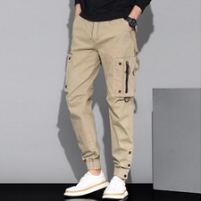Men Drawstring Elastic Waist Cargo Pants Tapered Cuffed Work Trousers Casual