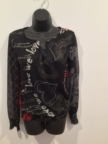DESIGUAL - Black White & Red LOVE long Sleeve Shirt Blouse Top Sz 6 8 10 EUC - Picture 1 of 5