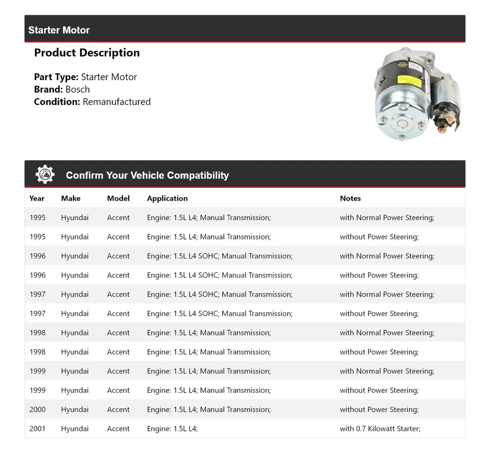 Arranque para Hyundai Accent Bosch 1995-2001 (remanufacturado) 1996 1997 1998 1999 Foto 2 de 4