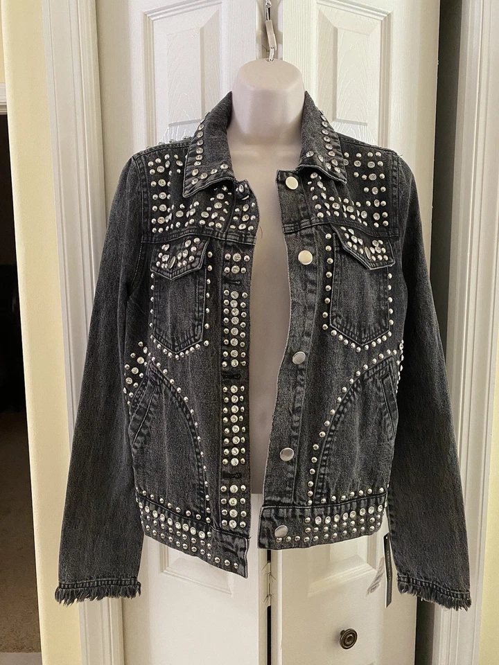 Chaqueta Aqua Jean Pequeña Estrás Remaches Negro Denim Para Mujer’s Foto 3 de 4