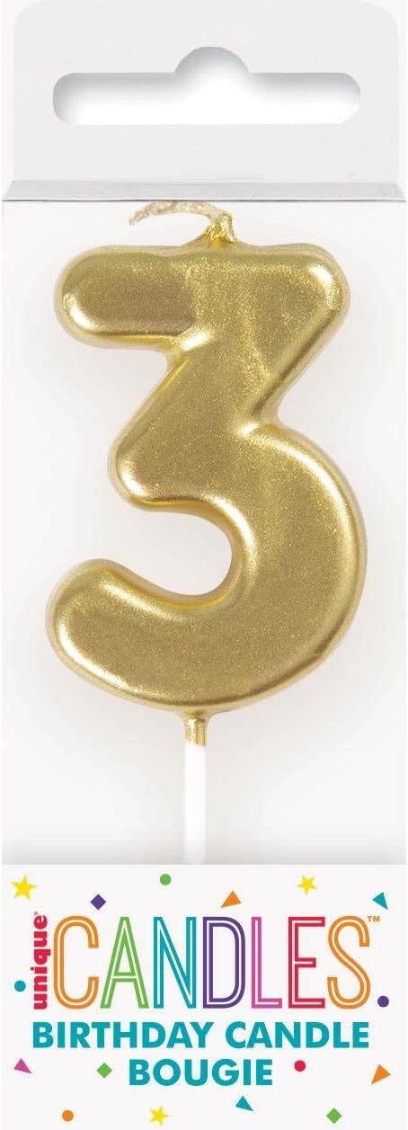 Mini Metallic Gold Number 3 Pick Birthday Candle - Numbered Cake Topper