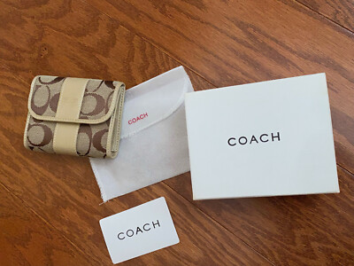 Coach Women's Signature Stripe Wallet Small Tri-Fold W/Change Compartment Brown