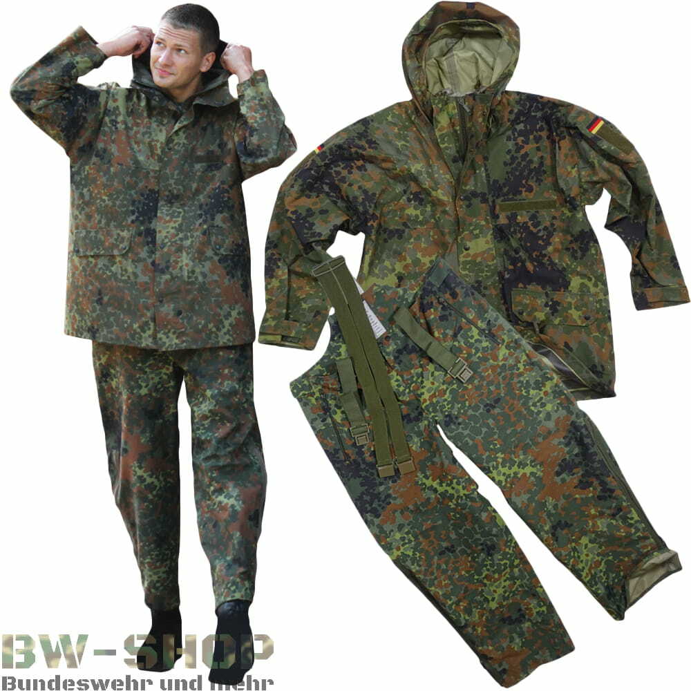 TRAJE DE PROTECCIÓN CONTRA LA HUMEDAD DEL EJÉRCITO ALEMÁN / CHAQUETA / PANTALÓN NUEVO CAMUFLAJE ANTIMANCHAS BW TRAJE DE LLUVIA LAMINADO