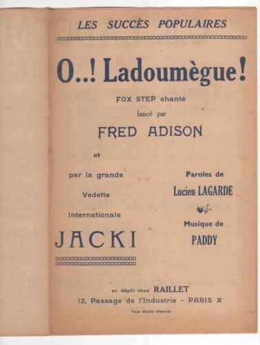 SPORT ORCHESTRE PARTITION O LADOUMÈGUE ! FRED ADISON LAGARDE PADDY FOX JACKI - Imagen 1 de 2