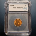 1939 S Lincoln Wheat Cent in MS66 RD RED ICG Graded 1c Certified Coin Slab