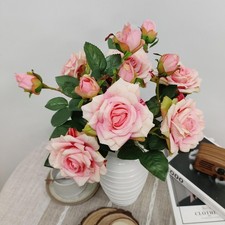 6 PCS Fake Pink Roses Flowers Faux Silk Real Touch Artificial For Decor DIY