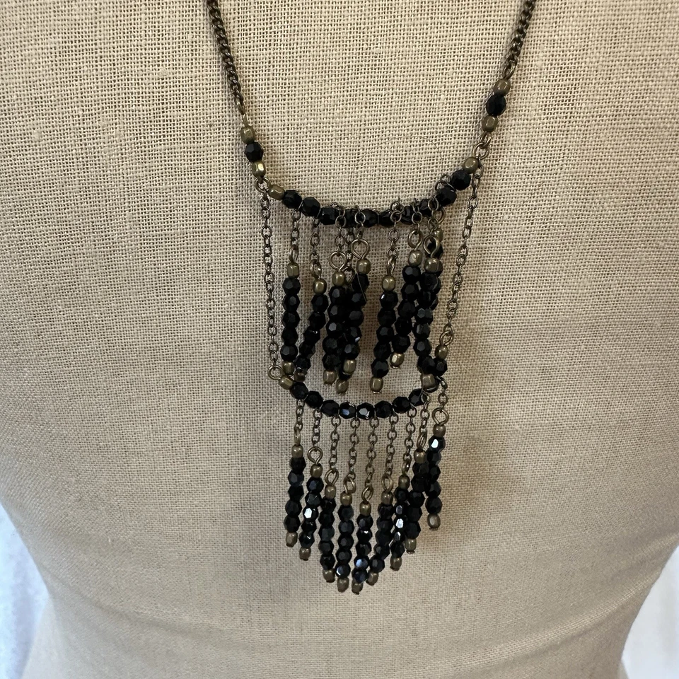 Isabel Marant 30" Largo Boho Doble Capa Cuentas Flecos Collar Latón Negro Foto 3 de 4