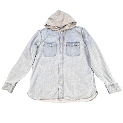 Levis Light Wash Denim Relaxed Fit Hooded Button Down Shirt Mens Medium