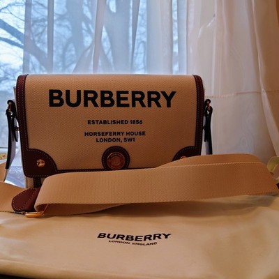 BURBERRY Horseferry Print Note Crossbody Bag Canvas Brown Leather