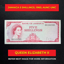 Jamaica 5 shillings Banknote, 1960, Queen Elizabeth II, AUNC-UNC