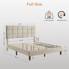 Full/Queen Size Bed Frame w/ Fabric Upholstered Headboard Wooden Slats Support