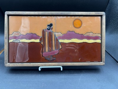 TAVLOS Signed Hand Painted Tile Art  Time To Think  Southwestern Scene 13 x 7 