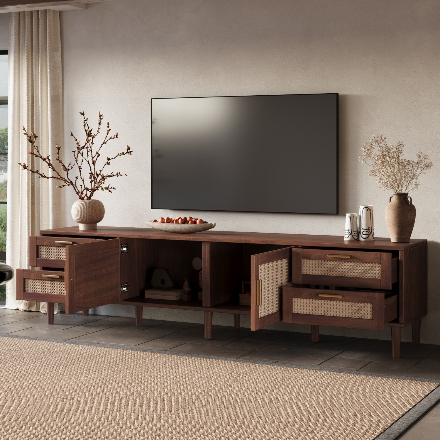 Media Console With Rattan Doors And 4 Drawers For Tvs Up To 