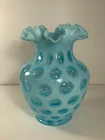 Fenton Opalescent Large Coin Dot Blue Double Crimped Vase 9 in.