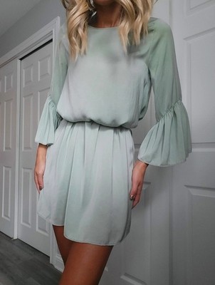 ZARA BASIC Light Green Pleated Bell Sleeve Long Sleeve Short Dress Size S