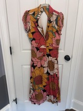 Farm Rio S Floral Multicolor Puff Sleeve Midi A-Line Dress V-Neck Button Cut Out