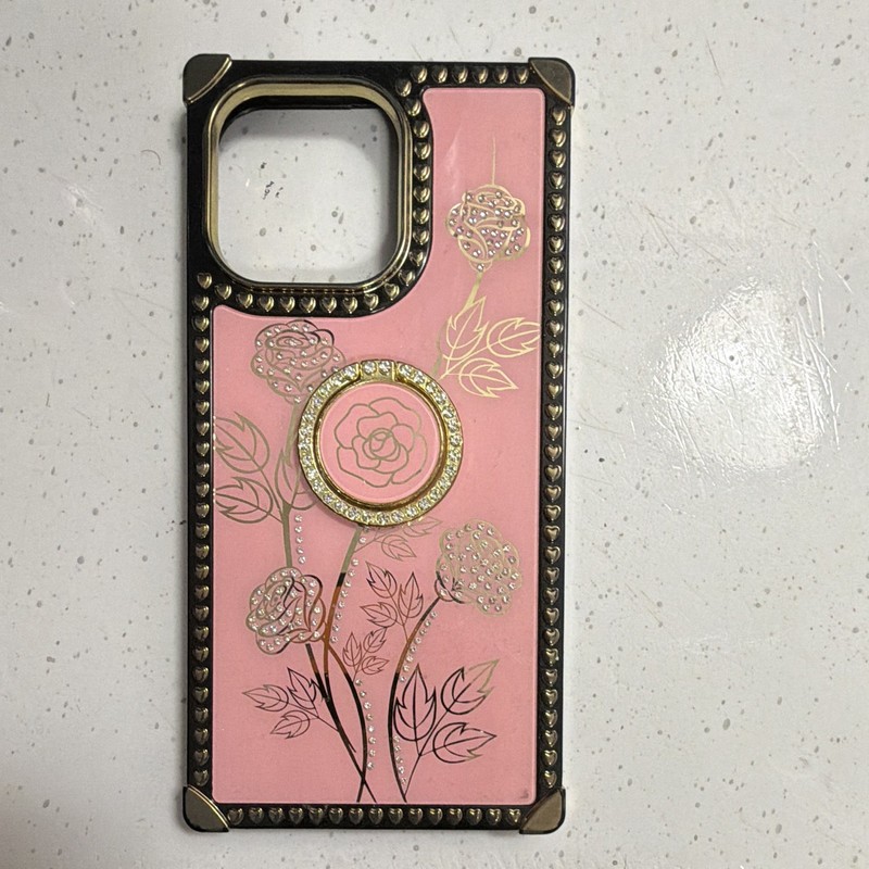 PROMAX Pink/Black/Gold Floral Patterned Glossy Hard Plastic Ring Kickstand Case