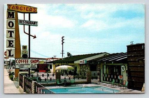 1965 Tangiers Motel Anaheim CA Vintage Postcard Pool Coffee Shop Neon Sign