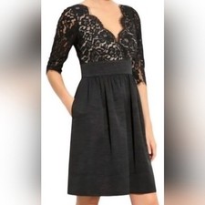 Eliza J Dress Black Lace Faille Fit & Flare V-Neck Formal Evening, size 16