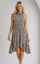 Womens Brown Geo Print Smocked Asymmetrical Halter Dress Size Medium Fall Chic