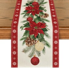 Artoid Mode Poinsettia Christmas Table Runner 13" x 72", Runner, Red