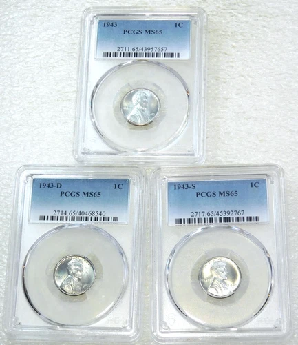 1943 P, D, S Lincoln Wartime Steel Cent PCGS MS65 Frosty set of 3 coins #L337