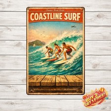 Waikiki Hawaii Long Board Surfing Metal Sign 12x8 Home Decor Vintage Tin Post
