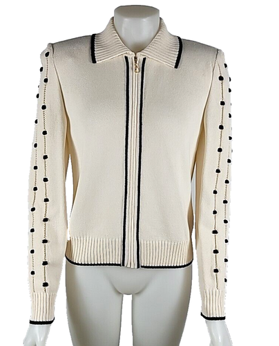 Nuovo con etichette - Maglione cardigan St John crema nero misto lana cerniera intera taglia 6