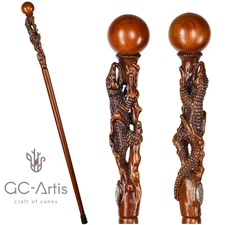 Walking Stick Cane Alligator Caiman Crocodile Wood carved Ball Knob Hiking Staff