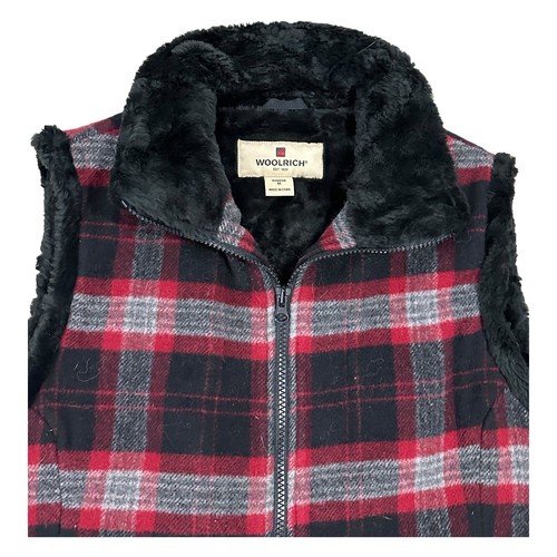 Woolrich Vest Womens Size Medium Red Black Buffalo Plaid Faux Fur Lined Wool Zip - Picture 2 of 12