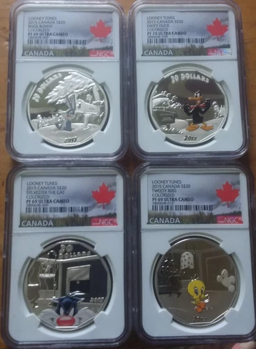 RARE FULL SET 2015 Canada 1oz x 4 Colorized Silver Looney Tunes NGC 69 PF70 .999