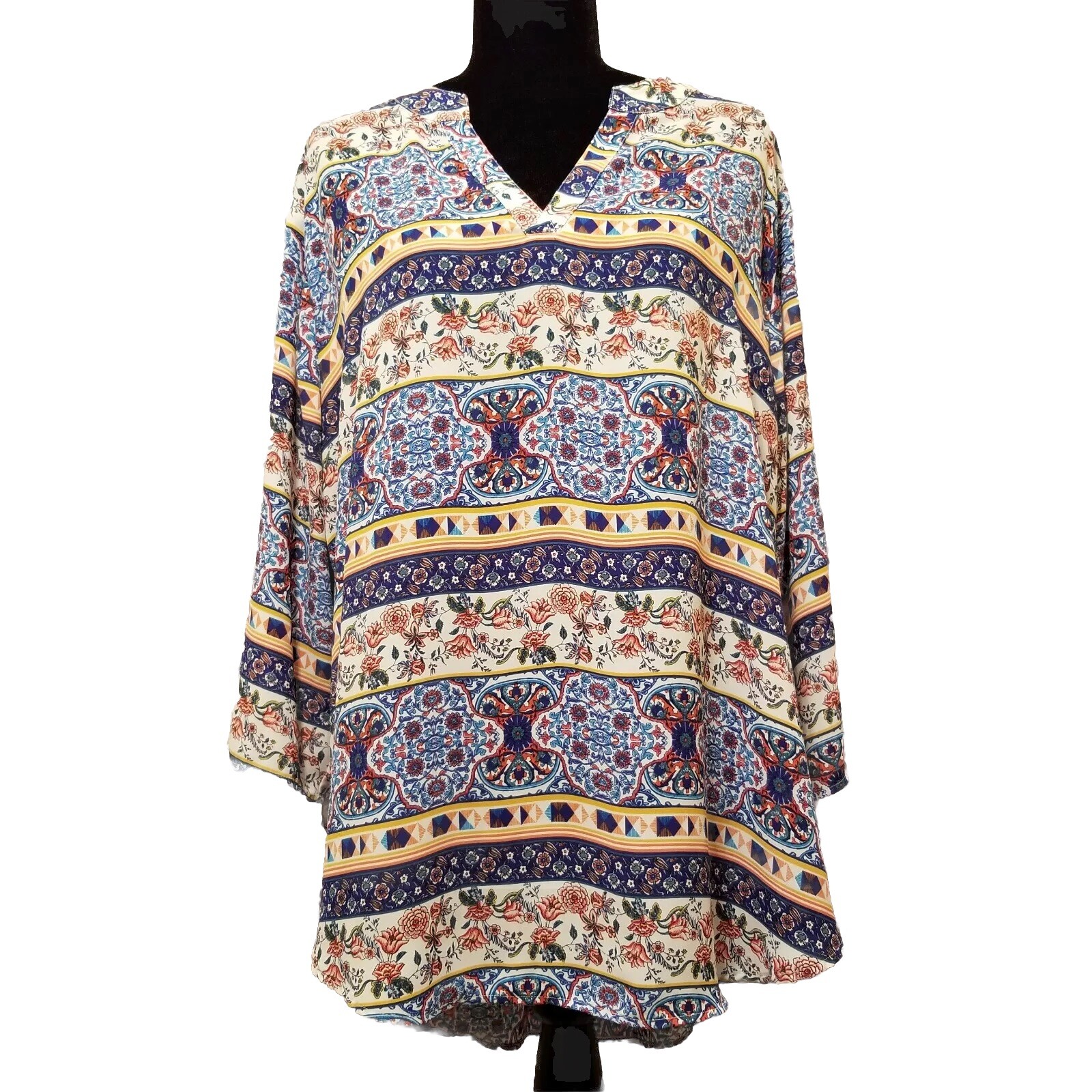 Est 1946 Women's Tunic Sz 18/20 HiLow Hem 3/4 Tab Sleeve Blues Red White V-Neck-image